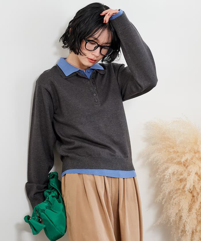 配色 レイヤードポロ針織衫