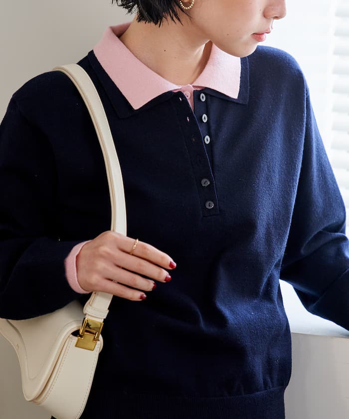 配色 レイヤードポロ針織衫