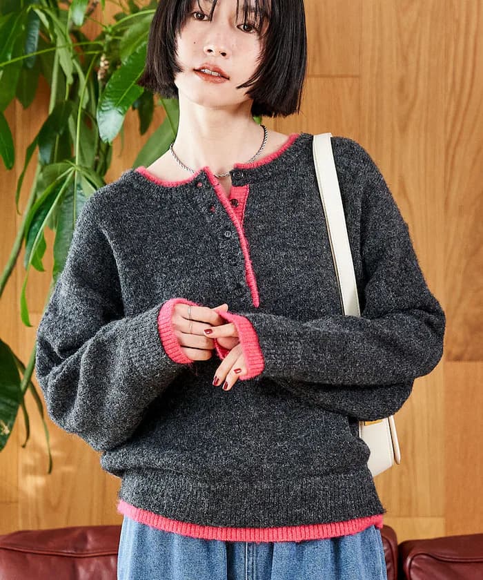 配色亨利領針織衫套頭衫