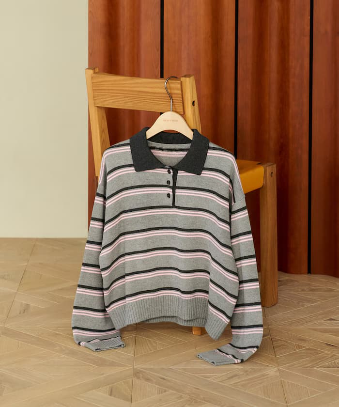 馬球領橫條紋短版針織衫
