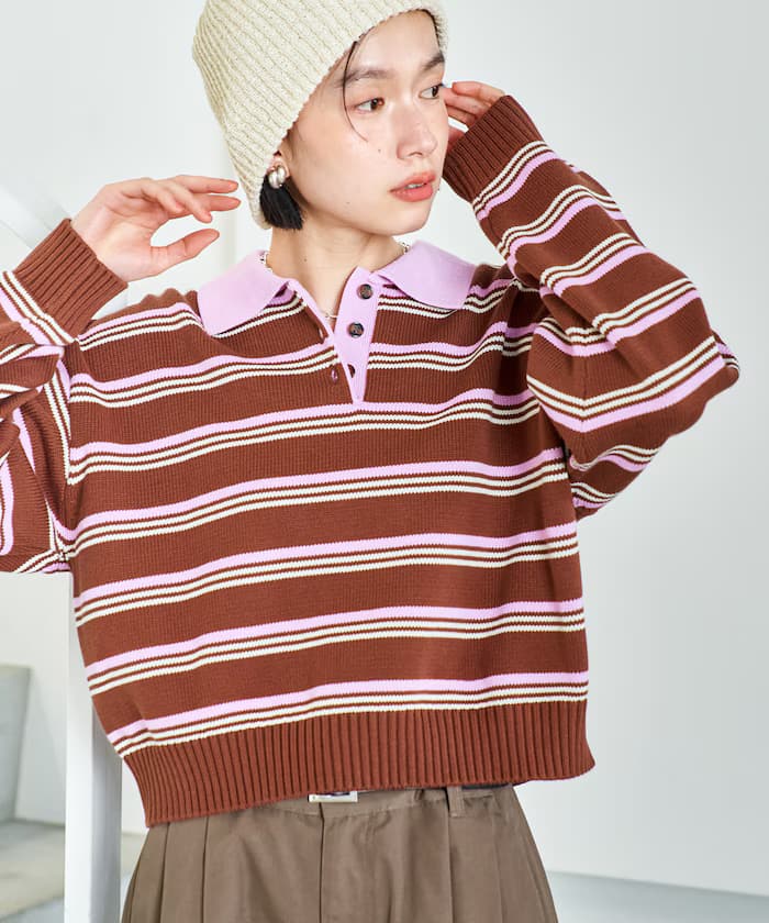 馬球領橫條紋短版針織衫