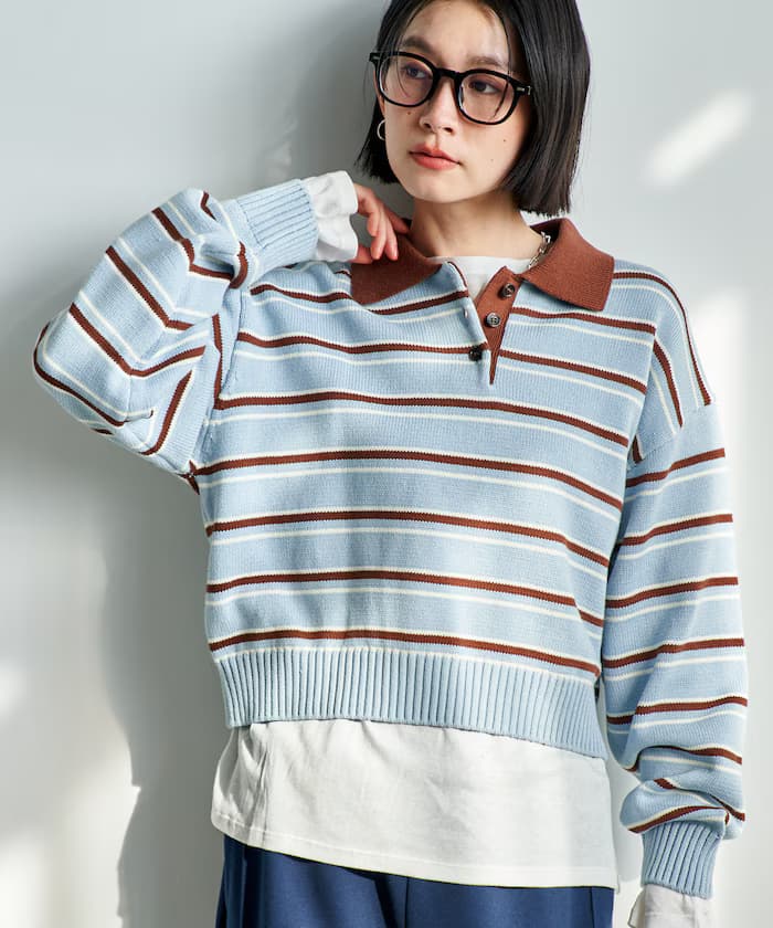 馬球領橫條紋短版針織衫