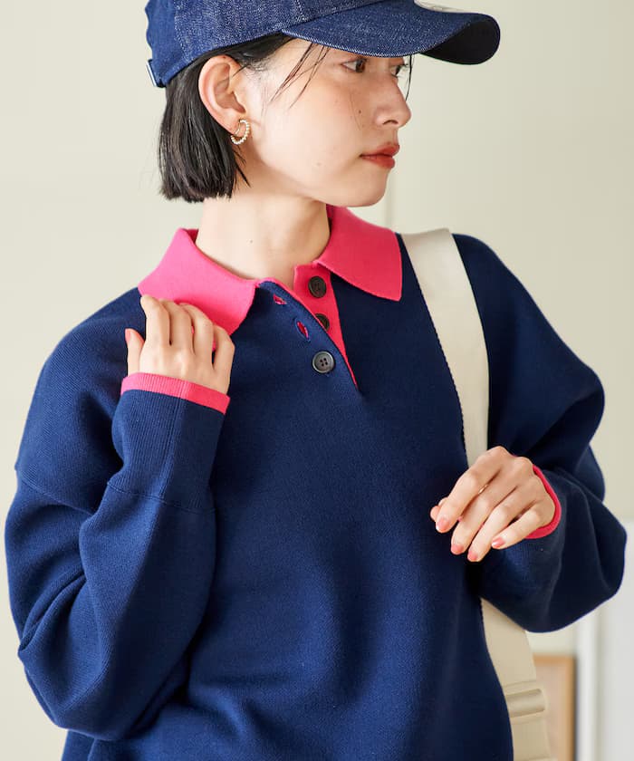 ＜可機洗＞衛衣感配色PoLo針織衫