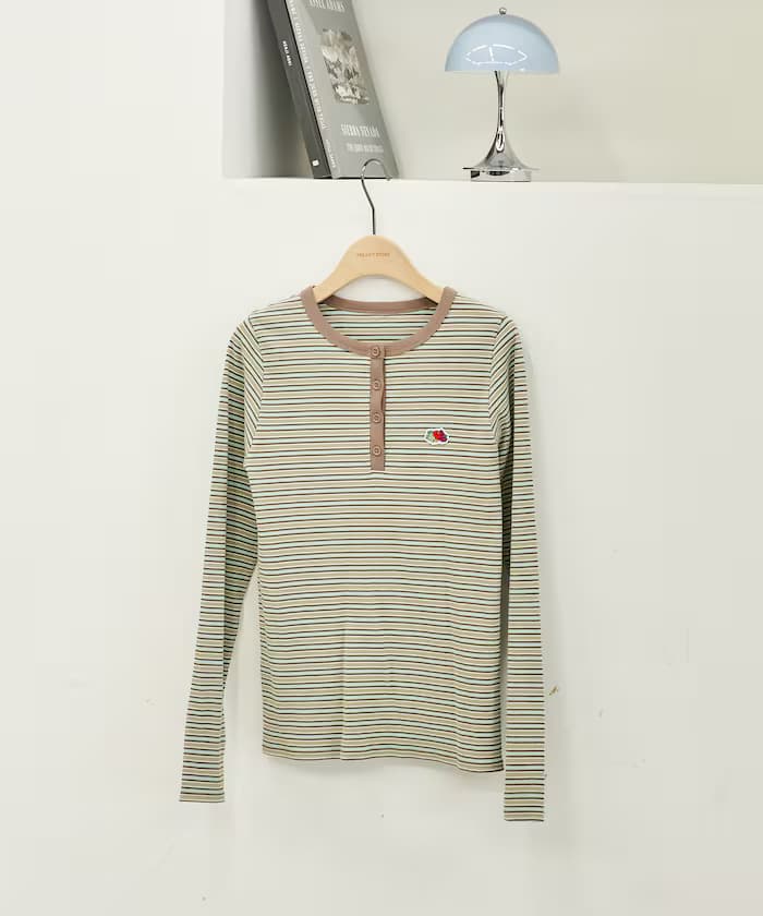 別注 彩色橫條紋 亨利領 長袖T恤