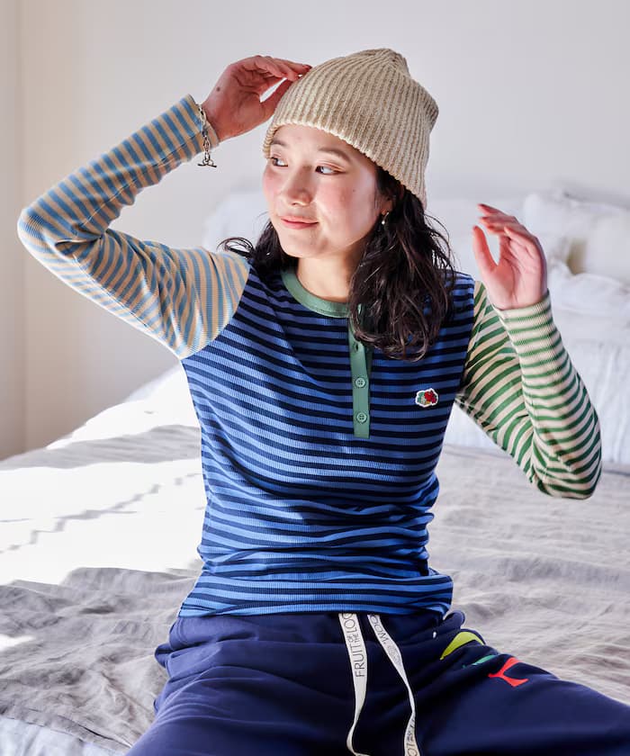 別注 彩色橫條紋 亨利領 長袖T恤