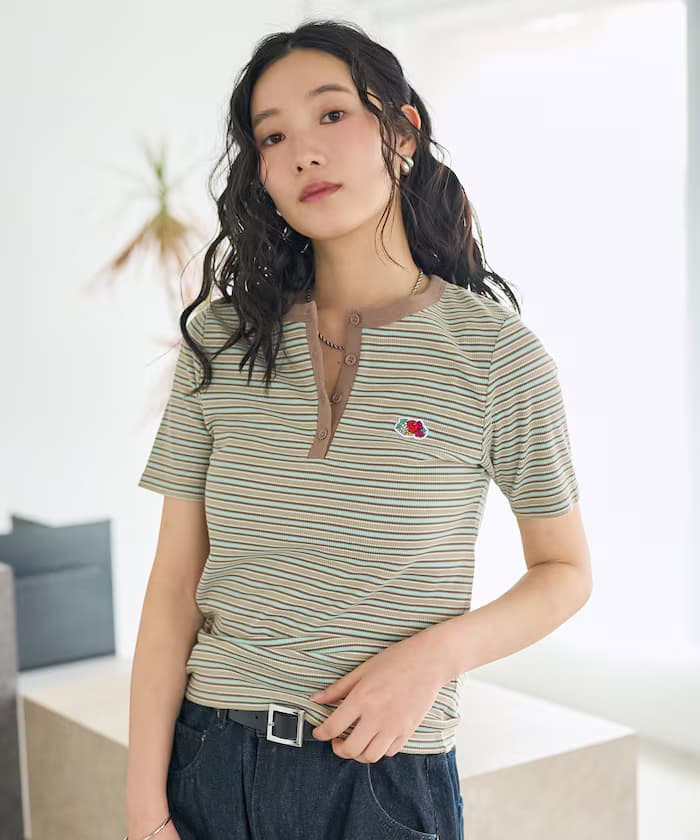 別注多色橫條紋亨利領T恤