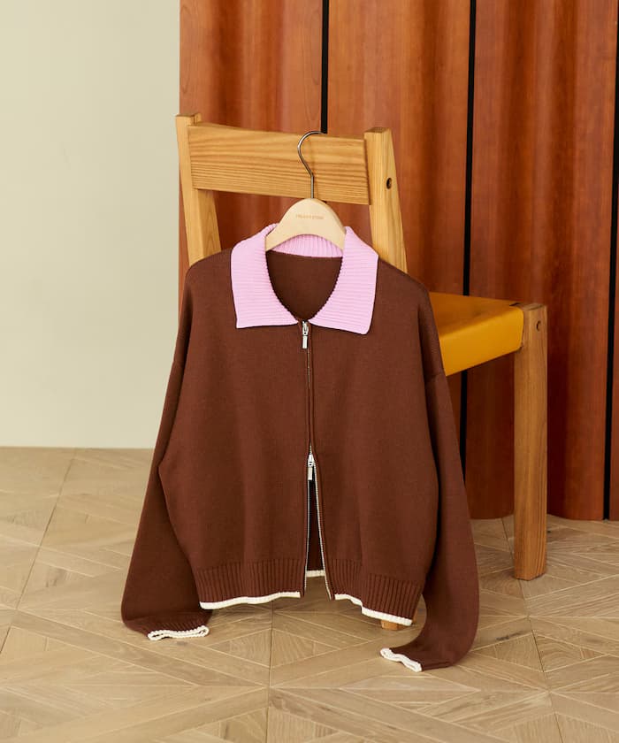 拉鏈針織開衫 配色 生物洗淨加工款