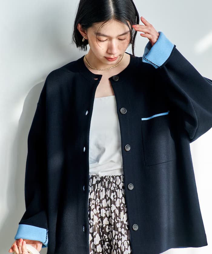 ＜機器可洗＞衛衣風格配色針織開衫