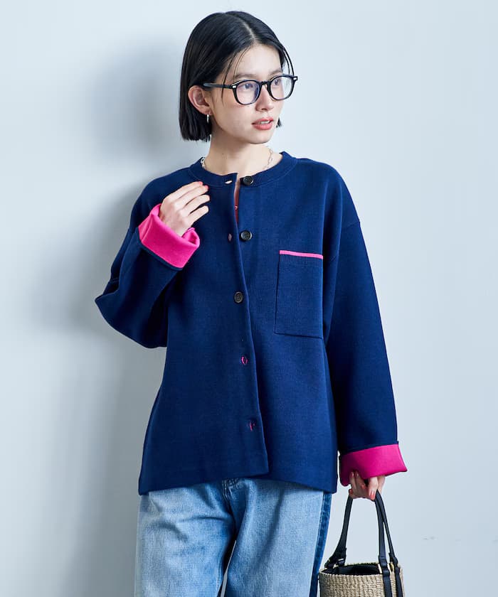 ＜機器可洗＞衛衣風格配色針織開衫