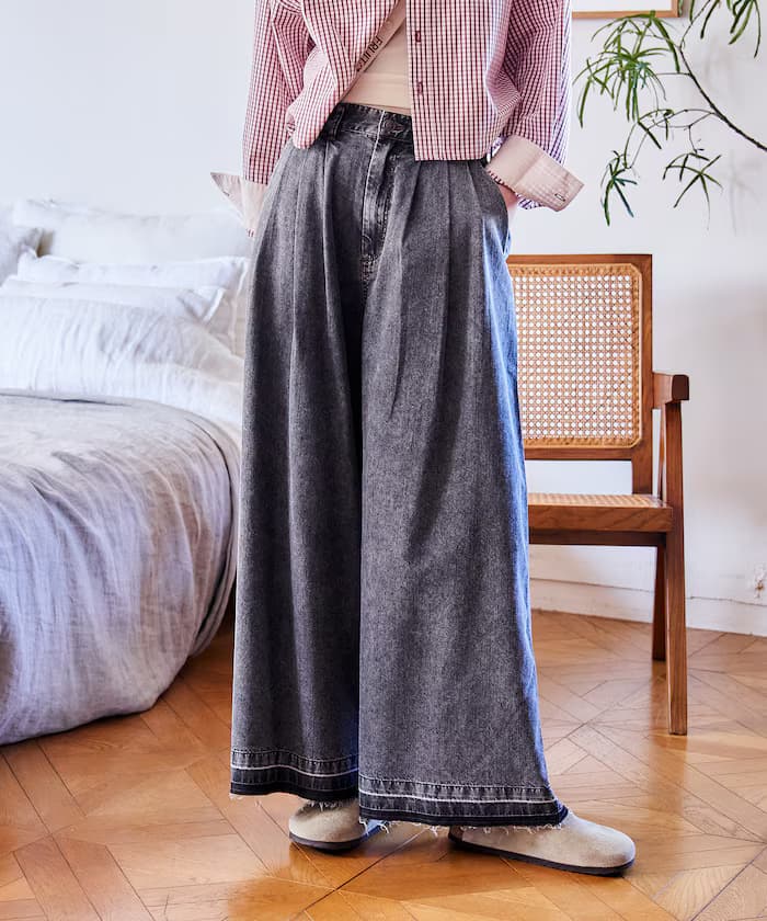 垂墜寬版丹寧褲子＜套裝對應款＞