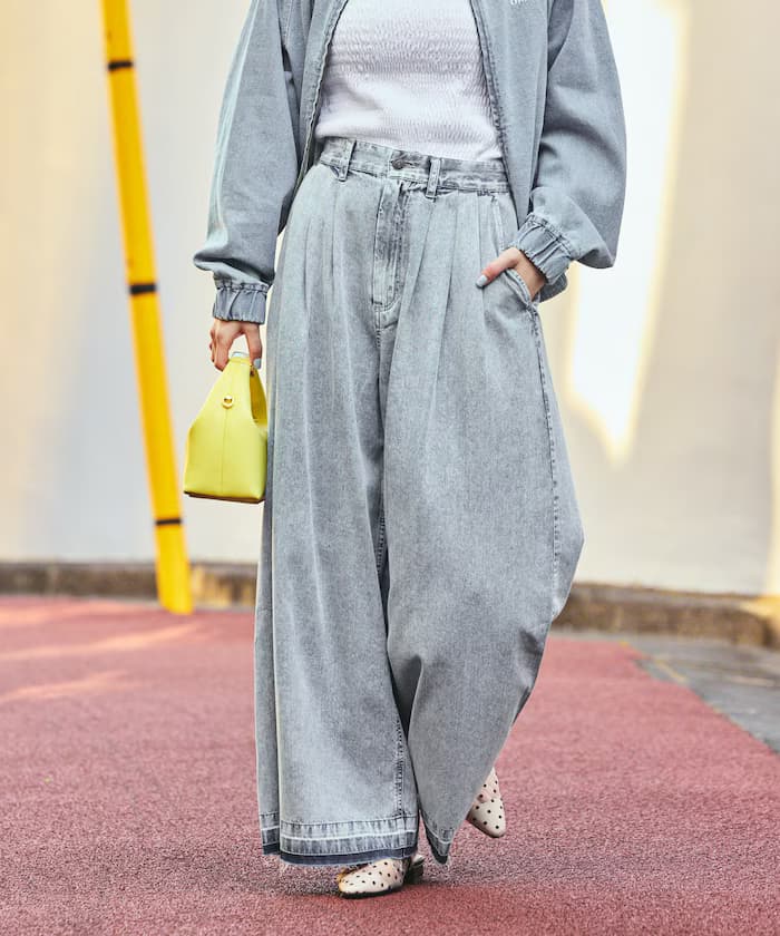 垂墜寬版丹寧褲子＜套裝對應款＞