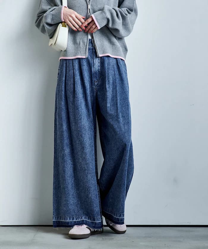 垂墜寬版丹寧褲子＜套裝對應款＞