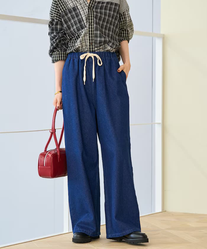 ＜小個子尺寸＞水洗加工 鬆緊丹寧褲子 限定展開色系