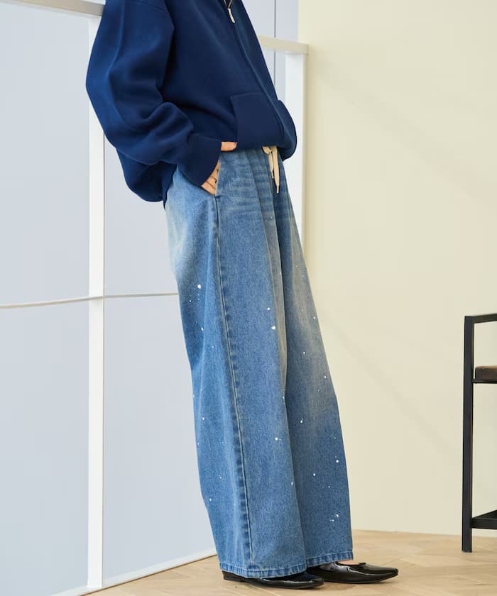 ＜小個子尺寸＞水洗加工 鬆緊丹寧褲子 限定展開色系