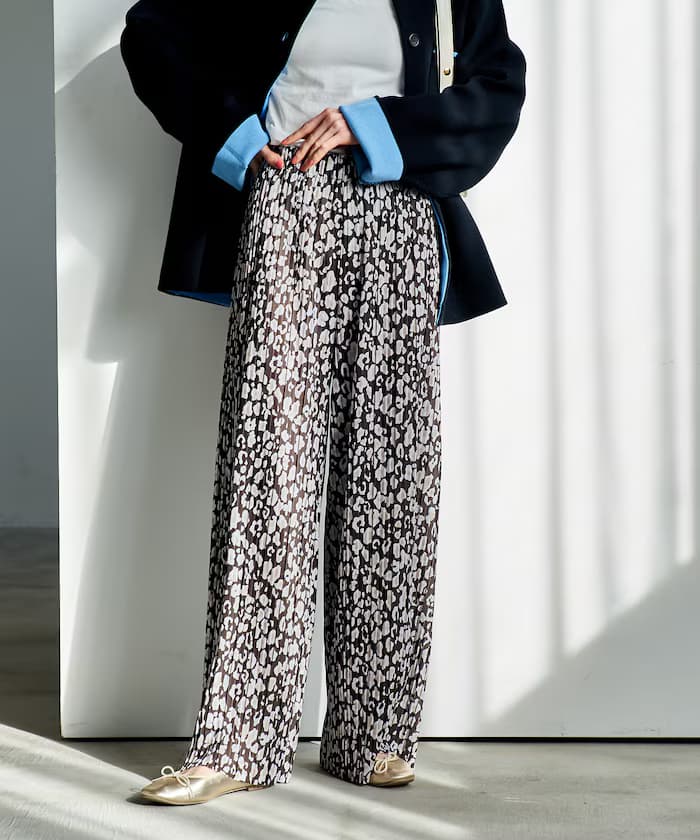 百褶印花豹紋褲子