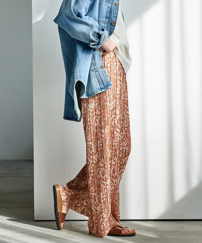 百褶印花豹紋褲子