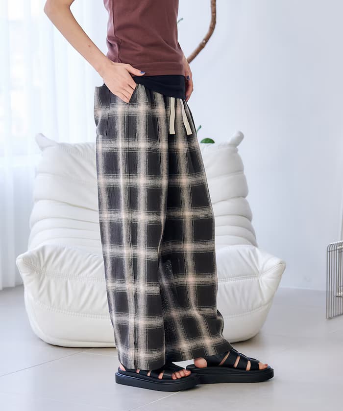 卡拉米棉質 格紋鬆緊褲子＜套裝對應款＞