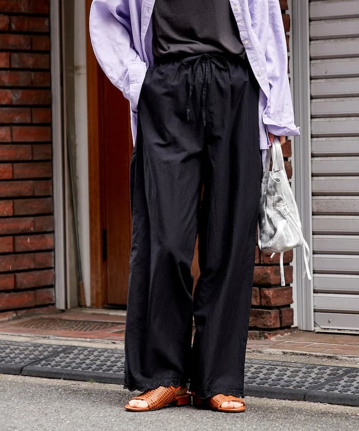 印度裾刺繡寬版鬆緊褲子