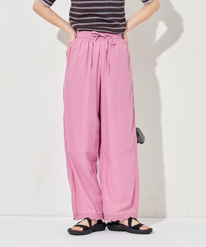 印度裾刺繡寬版鬆緊褲子