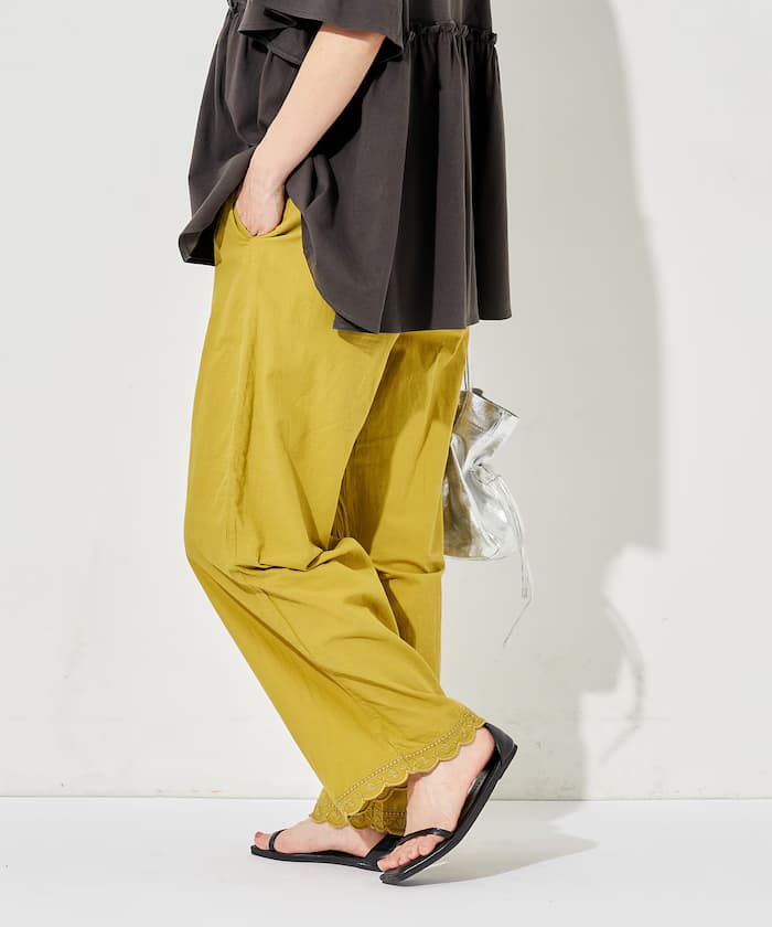 印度裾刺繡寬版鬆緊褲子