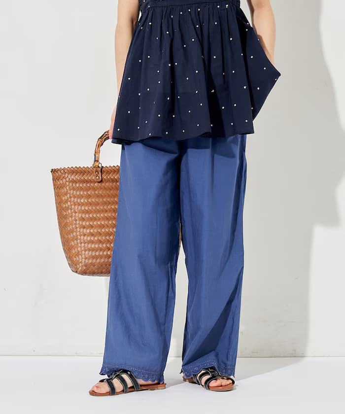 印度裾刺繡寬版鬆緊褲子