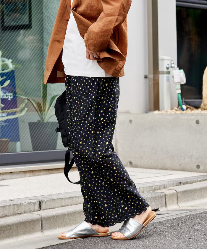 印度裾刺繡寬版鬆緊褲子