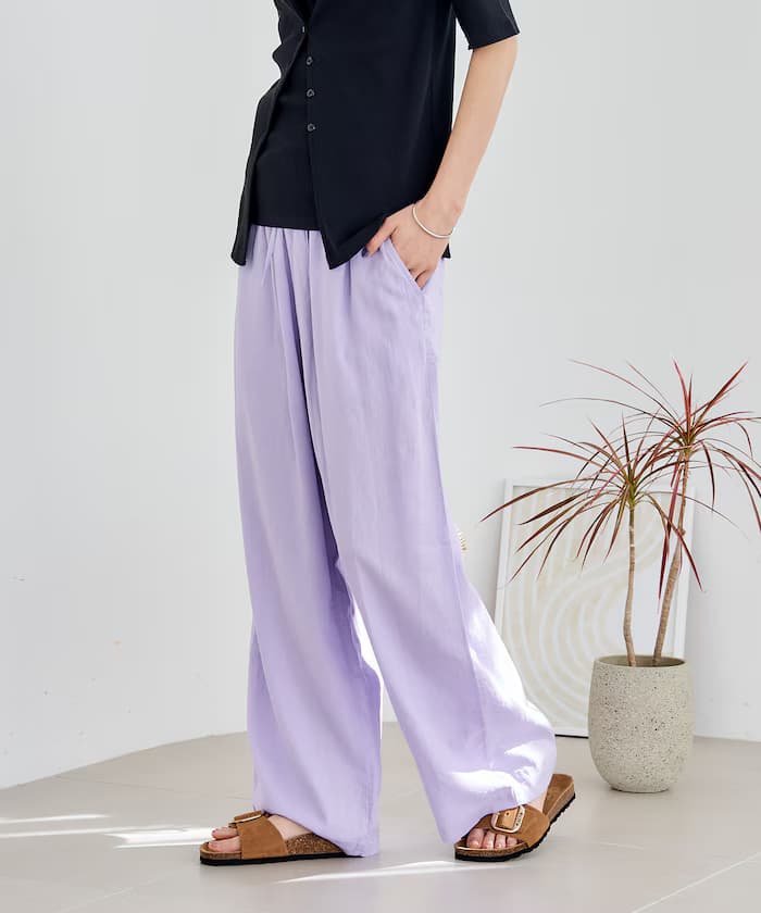 亞麻混紡鬆緊褲子＜套裝對應＞