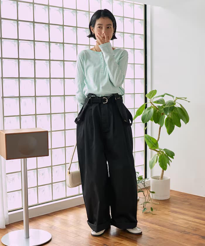 別注 吊帶 寬版 2打褶 斜紋褲子＜可搭配套裝＞