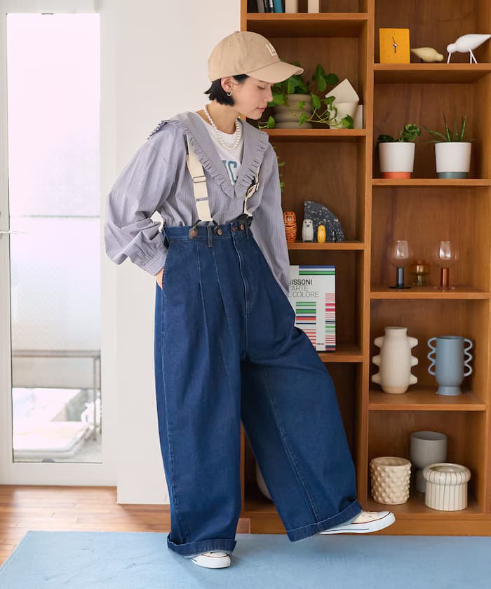 別注吊帶寬版2打褶丹寧褲＜套裝組合對應＞