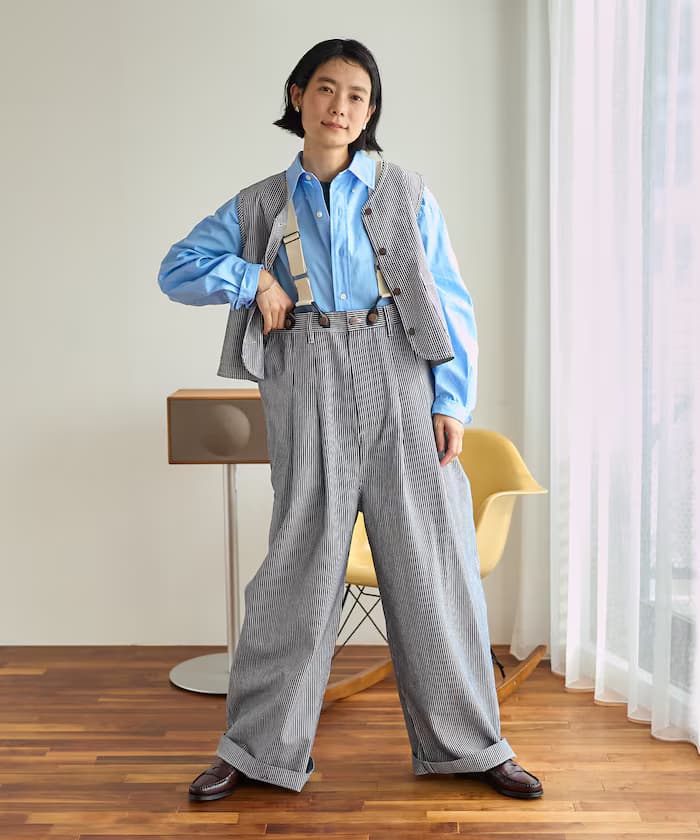 別注吊帶寬版2打褶丹寧褲＜套裝組合對應＞