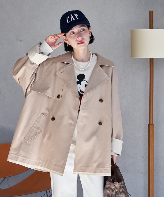 配色短版風衣大衣/迷你喇叭大衣