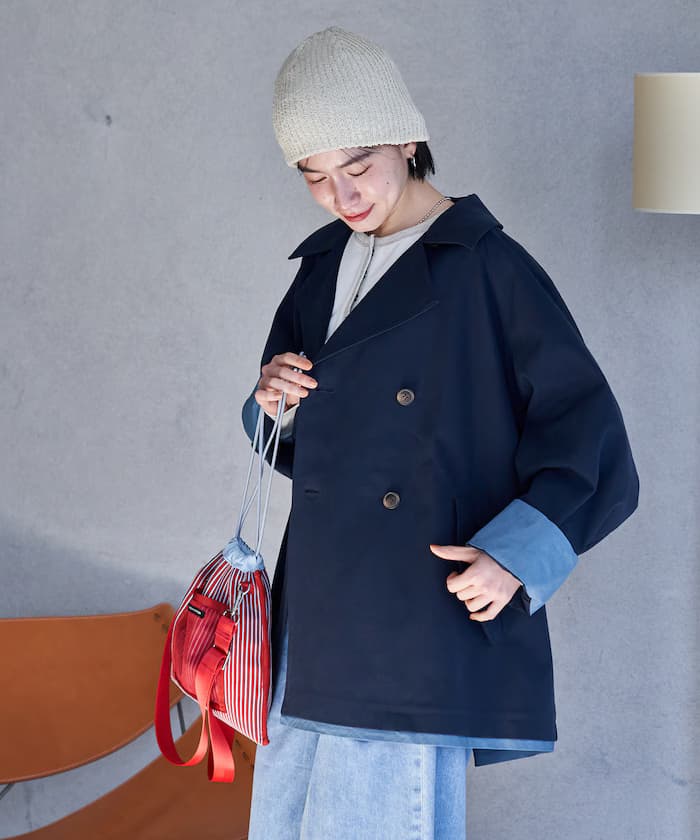 配色短版風衣大衣/迷你喇叭大衣