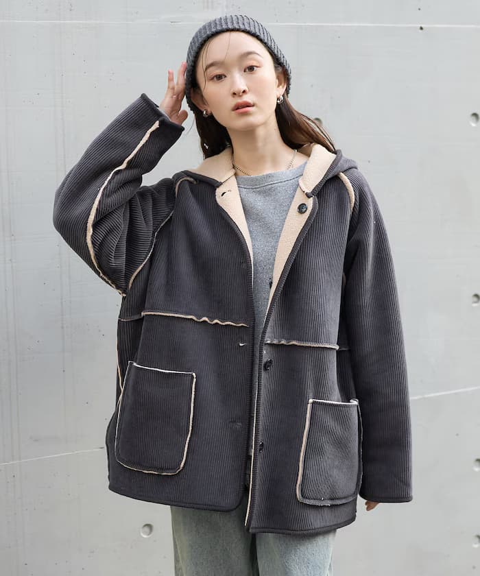 雙面連帽燈芯絨羊羔絨外套