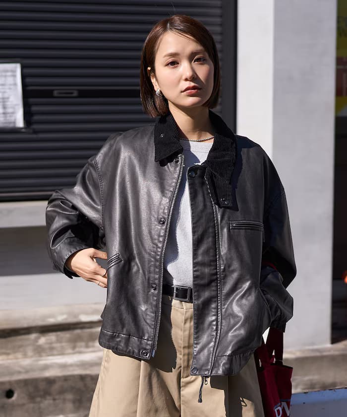 燈芯絨襟褪色加工合成皮革夾克