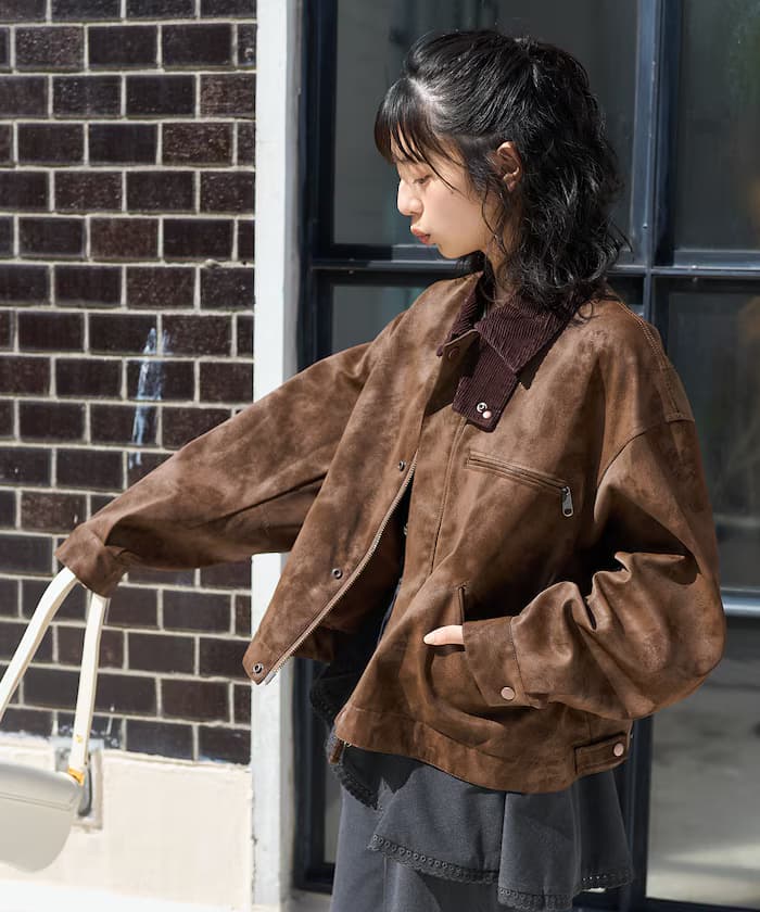 燈芯絨襟褪色加工合成皮革夾克