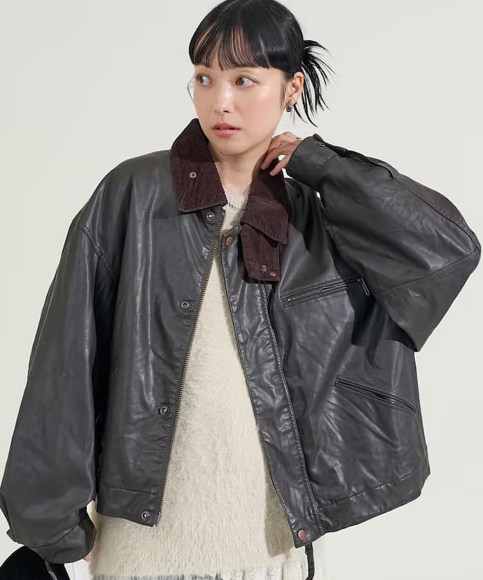 燈芯絨襟褪色加工合成皮革夾克