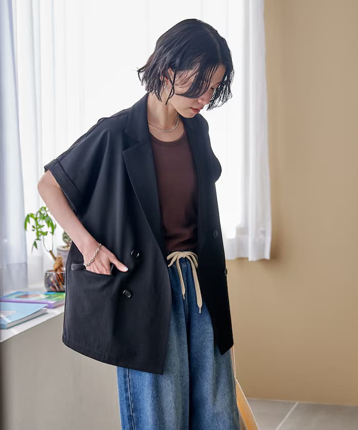 接觸冷感/UVカット LINEN TOUCH 雙排扣半袖外套