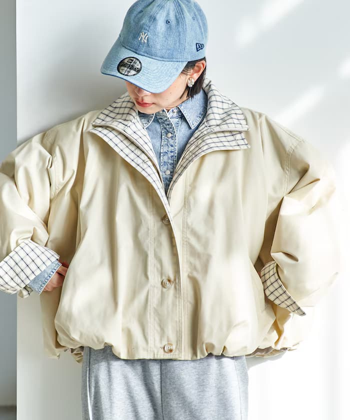 配色格紋雙層翻領氣球大衣