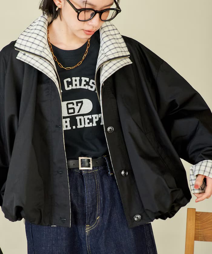 配色格紋雙層翻領氣球大衣