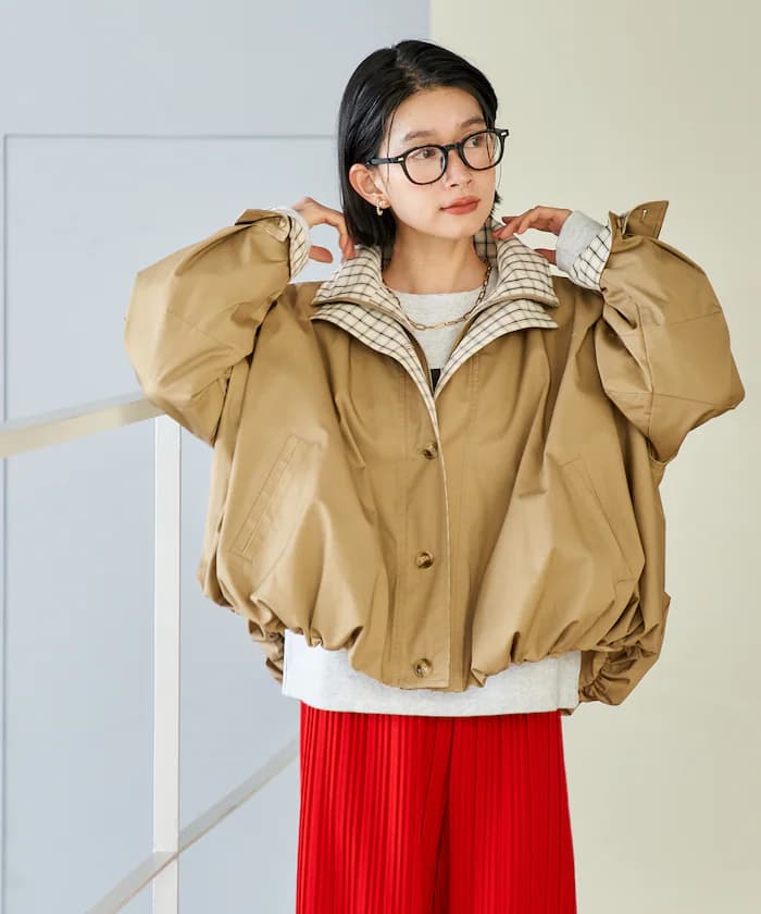 配色格紋雙層翻領氣球大衣