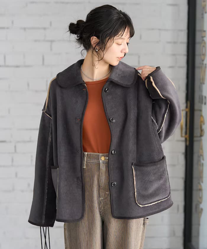 襟付燈芯絨絨毛雙面外套