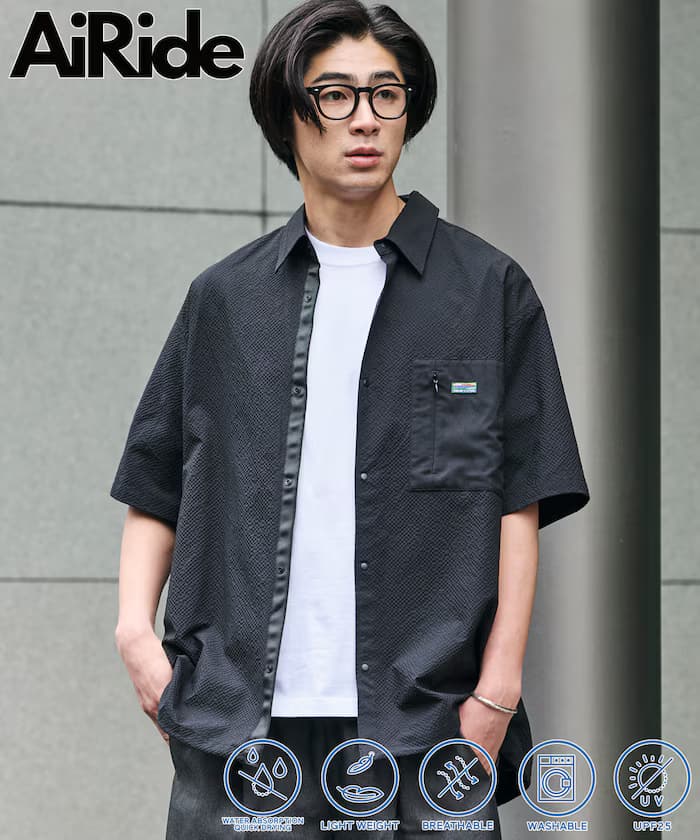 AiRide 限定款 寬鬆版型 異素材口袋 泡泡紗襯衫 吸濕排汗 抗UV
