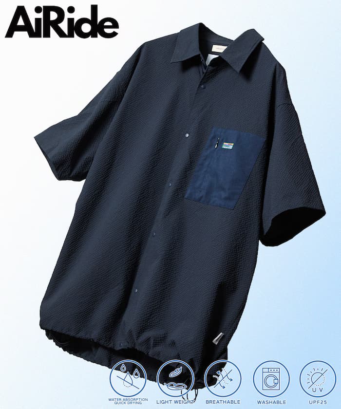 AiRide 限定款 寬鬆版型 異素材口袋 泡泡紗襯衫 吸濕排汗 抗UV