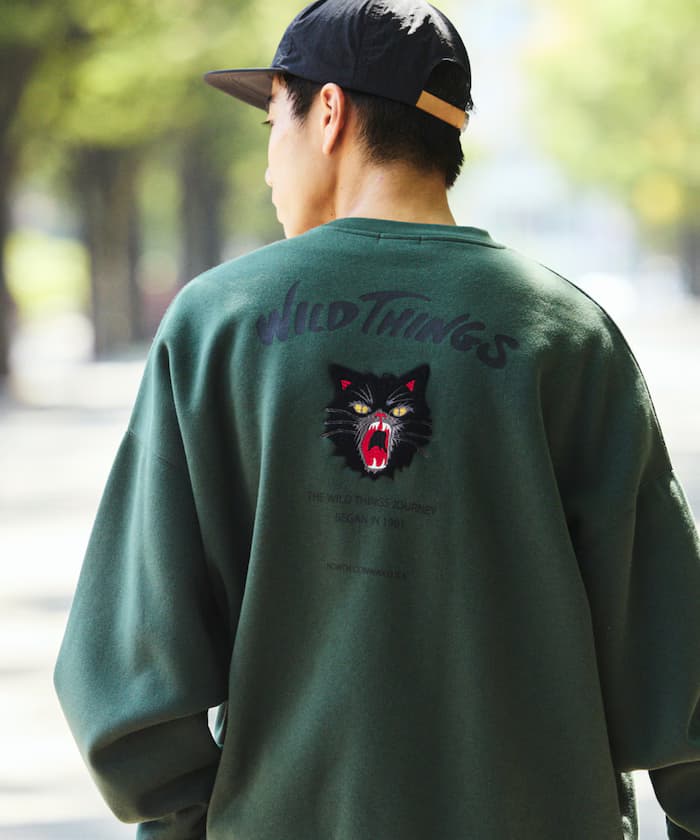 WILD THINGS×FREAK'S STORE/ワイルドシングス 別注 寬版貓咪刺繡貼布圓領衛衣 【限定展開】