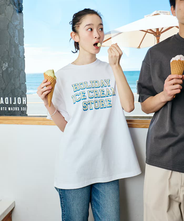 HOLIDAY ICECREAM×FREAK'S STORE 別注寬版學院印花圓領T恤【限定展開】