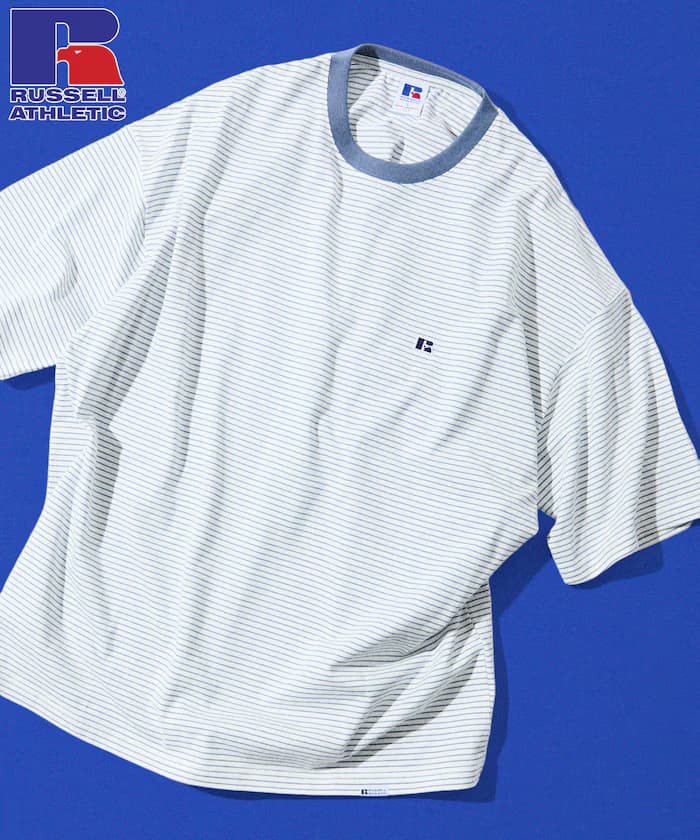 RUSSELL ATHLETIC × FREAK'S STORE 聯名限定 寬版 小標誌 橫條紋 圓領短袖T恤【限定款】