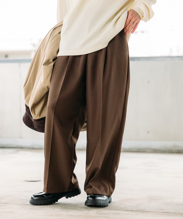 寬版挺括棉褲布鬆緊寬版褲子【限定展開】