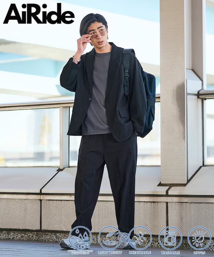 AiRide 寬版西裝外套+寬版褲子シアサッカーセットアップ 吸水速乾 UVカット 【限定展開】