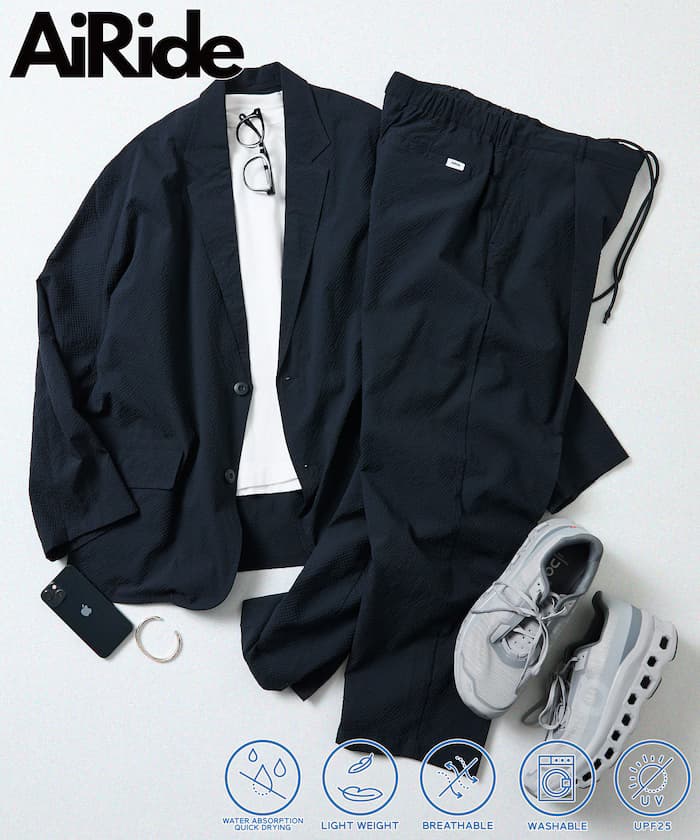 AiRide 寬版西裝外套+寬版褲子シアサッカーセットアップ 吸水速乾 UVカット 【限定展開】