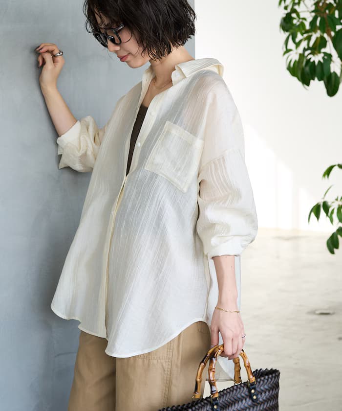 透膚水洗大版長袖襯衫【限定展開】